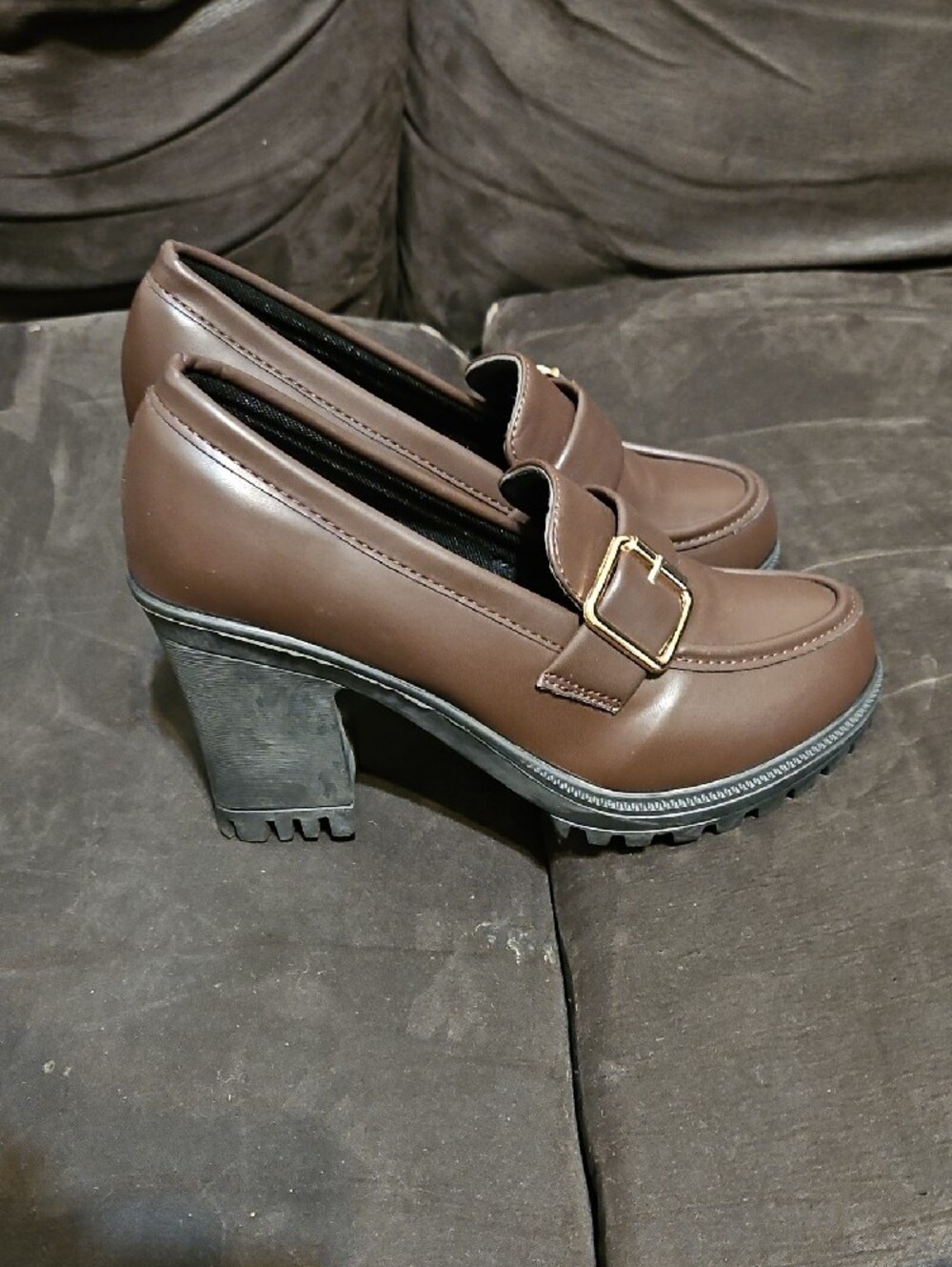 Women's Brown Chunky-Heel Loafer with Gold Buckle - Picture 3 of 7